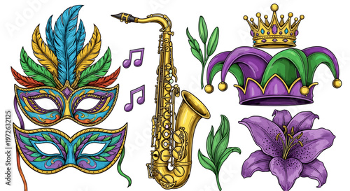 Mardi Gras celebration elements including masks, saxophone, jester hat, and lily flower