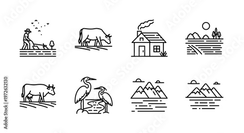 Collection of simple line art icons representing rural life and nature scenes