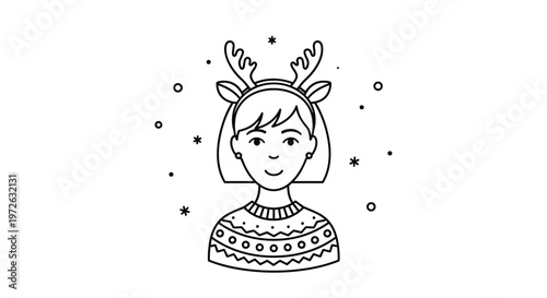 Simple black and white line art illustration of a young woman wearing a festive reindeer antler headband and a pattern sweater.