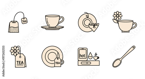Collection of simple line art icons representing tea time and beverages