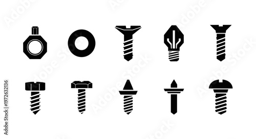 Collection of various black screw and bolt icons on a white background