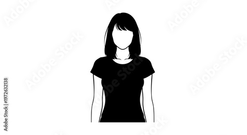 Simple black silhouette of a woman wearing a t-shirt on a white background