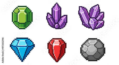 Collection of pixel art gems and crystals in various colors and shapes