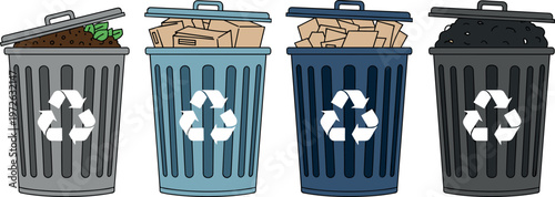 Set of recycling bins with different waste types garbage sorting concept eco friendly waste management illustration collection
