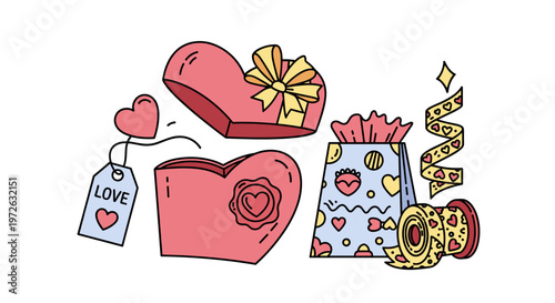 Valentine's Day gift boxes and ribbons with hearts and love tag