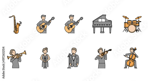 Collection of musicians and musical instruments in a flat design style