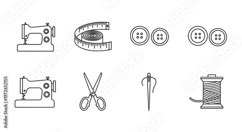 Set of sewing icons including sewing machine, scissors, needle, thread, and buttons