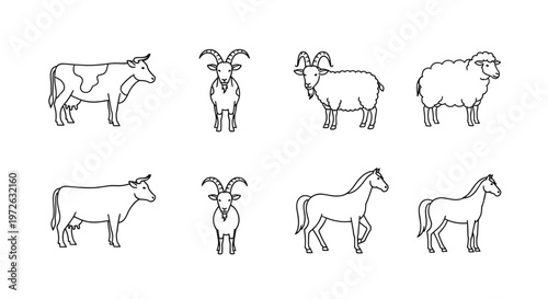 Collection of farm animals in a simple line art style, including cows, goats, sheep, and horses