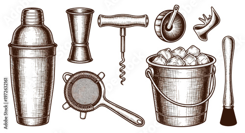 Collection of vintage bar tools and cocktail making equipment in a sketch style