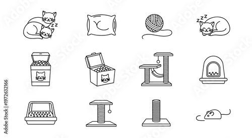 Collection of cute line art icons representing cat accessories and sleeping felines
