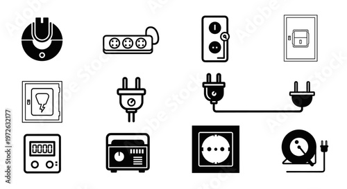 Collection of electrical icons including plugs, sockets, and power strips