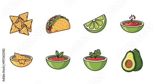 Mexican food icons: tacos, nachos, salsa, guacamole, and lime slices