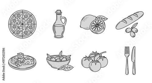 Collection of Italian food ingredients and utensils in a simple line art style