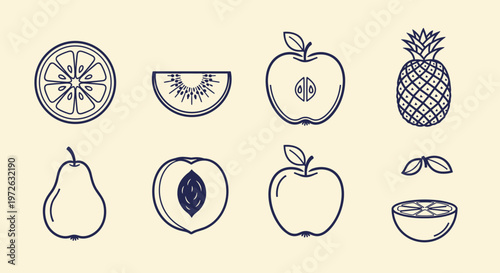 Collection of stylized line art fruits including apple, pear, pineapple, and citrus slices