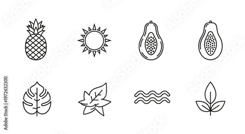 Collection of tropical icons featuring fruits, sun, leaves, and water waves