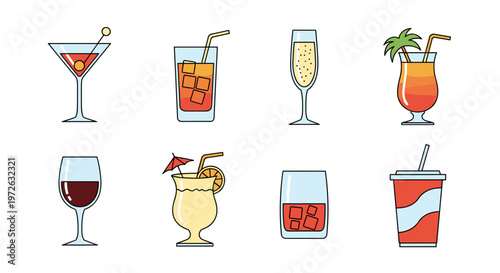 Collection of colorful alcoholic and non-alcoholic drinks in various glasses