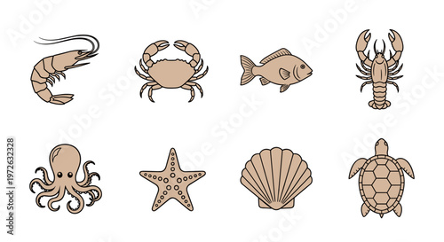 Collection of stylized marine animals and shellfish in a simple flat design