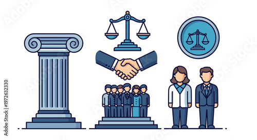Legal and business icons representing justice, agreement, and teamwork in a modern flat design