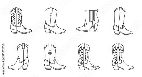 Collection of diverse cowboy boot outlines for fashion and western themes