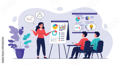 Professional businesswoman using a flipchart with charts and diagrams to present financial data and creative ideas to her colleagues.