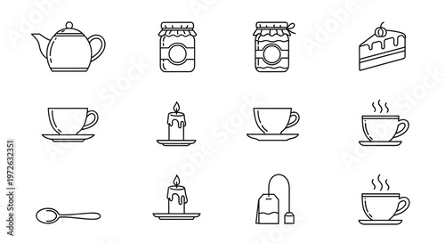 Collection of line art icons for tea time and breakfast treats
