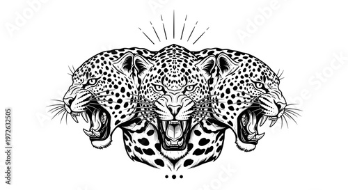 Fierce three-headed leopard illustration with sharp teeth and intense stare