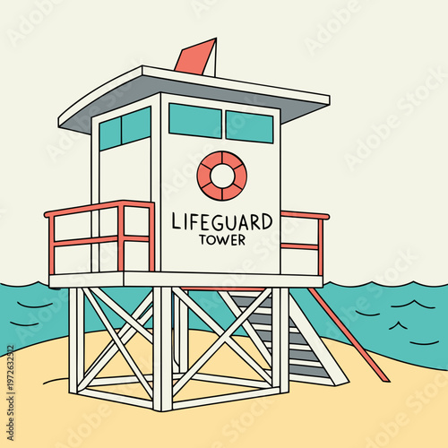 Modern white lifeguard tower with a lifebuoy on a sandy beach next to the blue ocean waves, representing seaside safety