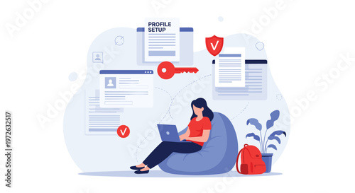 Young woman sitting comfortably in a bean bag chair while using a laptop to complete her online profile setup with security and keys.