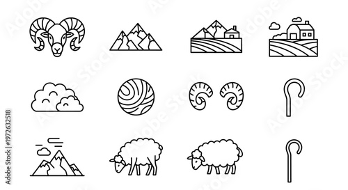 Collection of simple line art icons representing rural life and farm animals
