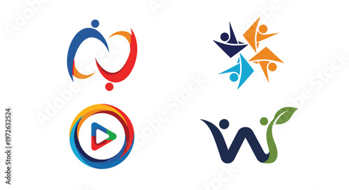 Collection of four unique abstract logos featuring stylized human figures representing unity, nature, media, and community collaboration. Free Download Collection of four unique abstract logos featuring stylized human figures representing unity, nature, media, and community collaboration. - GFXLoad