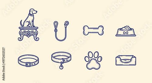 Collection of stylized dog care icons including a dog, leash, bone, and bed