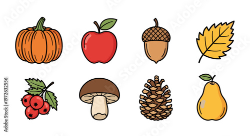 Collection of autumn harvest icons including pumpkin, apple, acorn, and pear