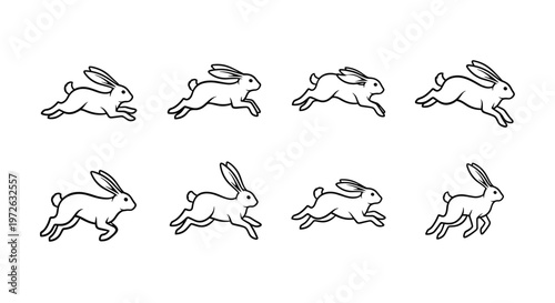 Set of eight running rabbit illustrations in a clean, modern line art style