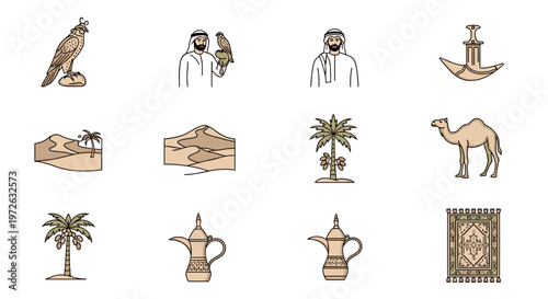 Collection of Arabian desert icons featuring falconry, culture, and traditional symbols
