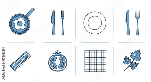 Breakfast ingredients and utensils arranged in a grid for a meal preparation concept