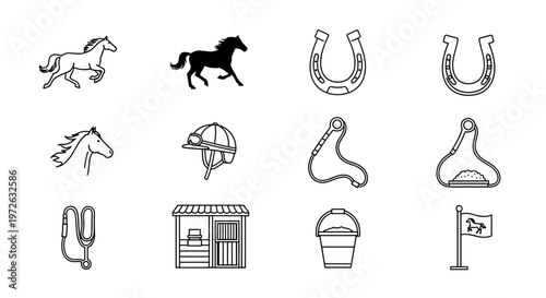 Collection of horse-related icons including horses, equipment, and stable elements