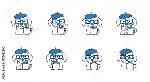 Charming dog wearing a beret and glasses enjoys a warm cup of coffee