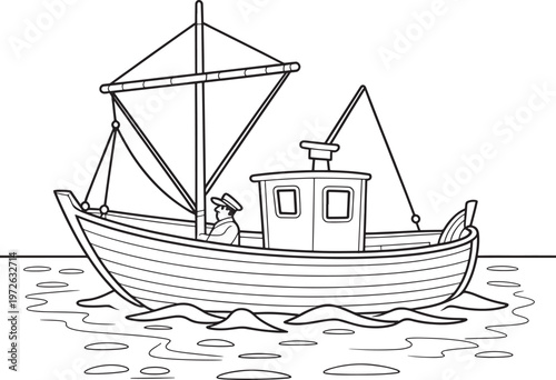 fishing boat with a solitary determine sailing on calm waters