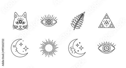 Mystical symbols collection with celestial bodies and occult elements