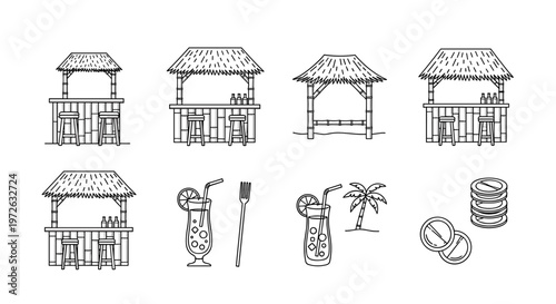 Collection of tropical beach bar and drink icons in a clean line art style