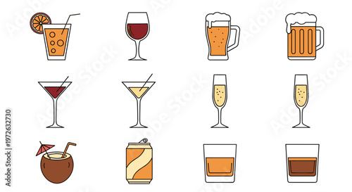 Collection of diverse alcoholic and non-alcoholic beverages in stylized flat icons