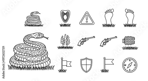 Collection of danger and survival icons including snake, guns, and compass