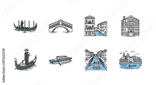 Collection of iconic Venetian landmarks and transportation in a clean line art style