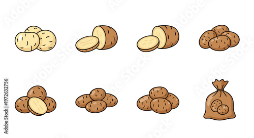 Collection of cartoon potatoes in various forms, whole, sliced, and bagged
