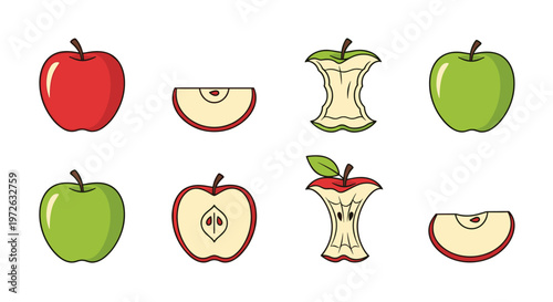 Collection of whole apples, slices, and cores in red and green colors