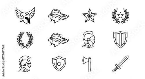 Collection of ancient warrior and symbol icons with a clean line art style