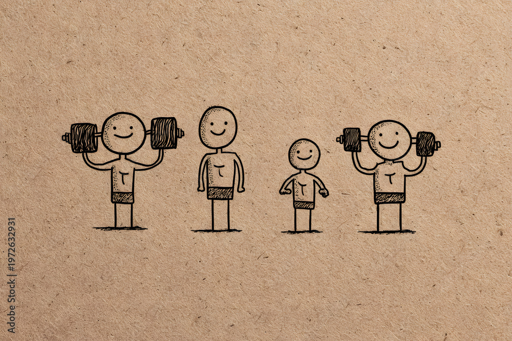 Obraz premium Cztery rysunkowe postacie z hantlami na tle tekstury papieru, styl doodle