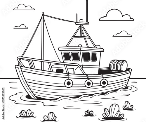 fishing boat with barnacles on its hull in the ocean with clouds