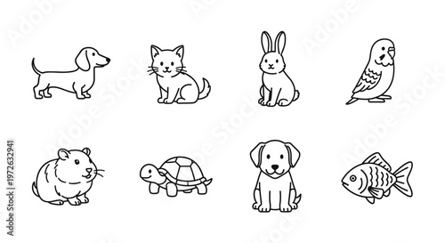 Collection of cute hand-drawn cartoon pets including a dog, cat, rabbit, and fish