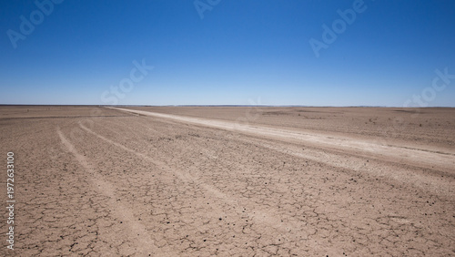 Fotografie Sand road area cutting through the arid and barren Northern Cape landscape en ro